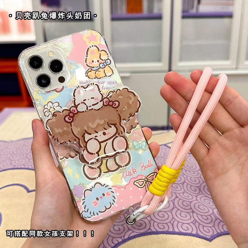 三川志原创贝壳纹趴兔爆炸头奶团适用苹果16华为mate小众少女卡通