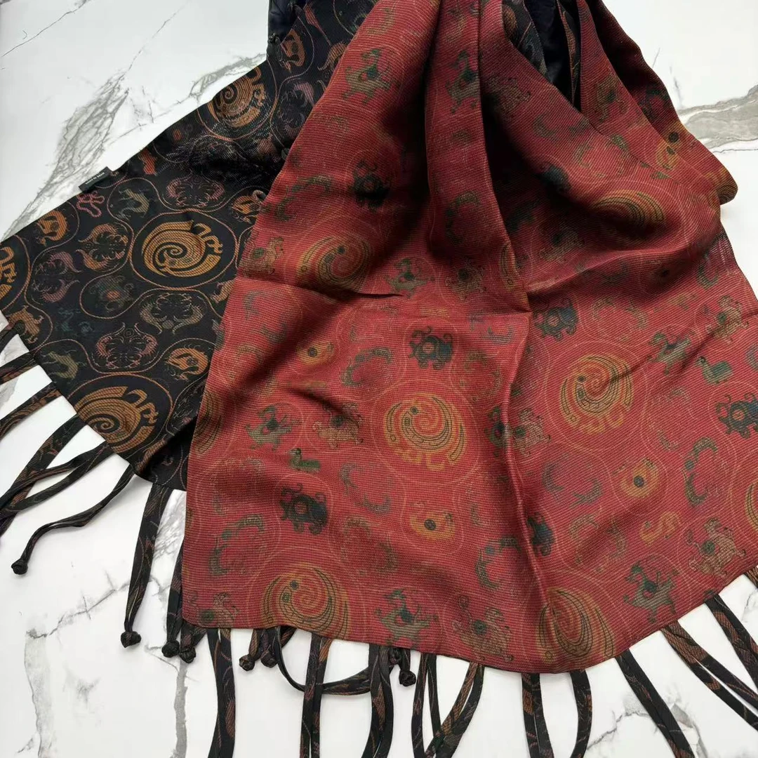 丝纡-生肖   香云纱二经绞萝同花异色香云纱桑蚕丝210*52围巾披肩