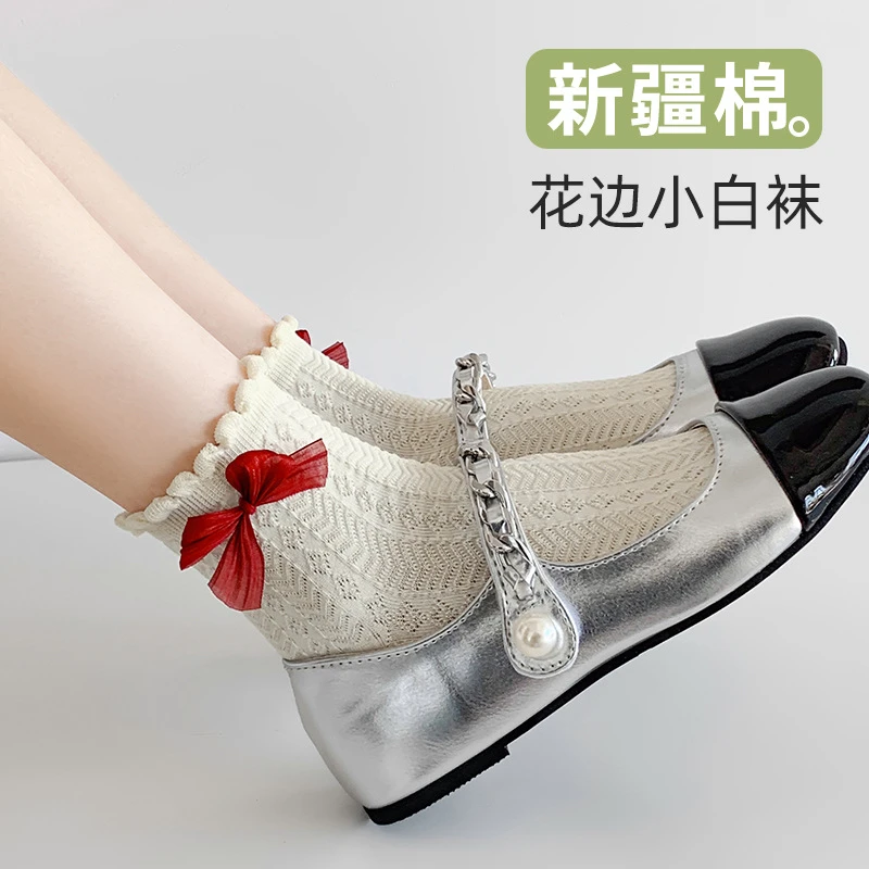 袜子女春夏中筒袜纯色透气吸汗棉袜潮流jk洛丽塔短筒白色蝴蝶结