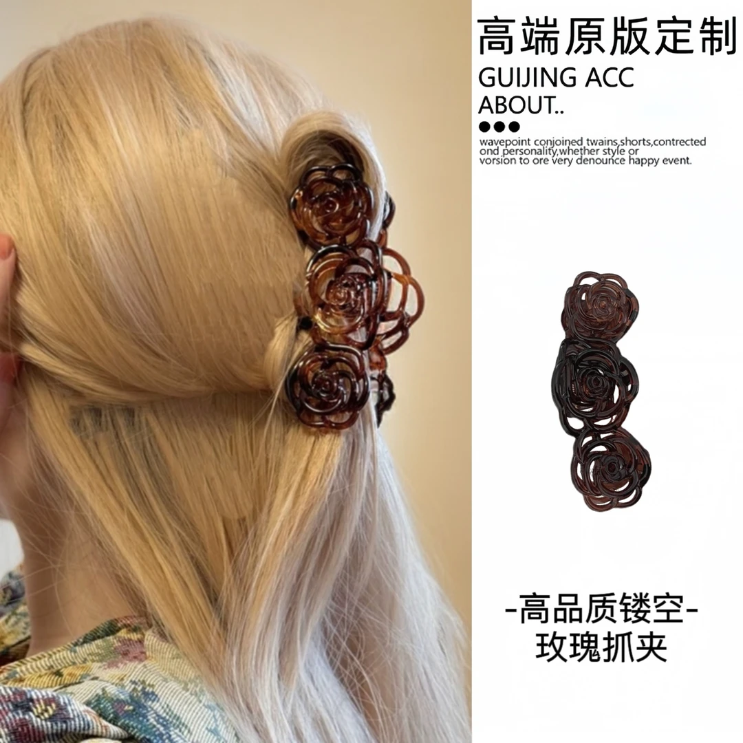 复古高品质镂空玫瑰花朵抓夹气质百搭简约鲨鱼夹后脑勺高马尾发夹