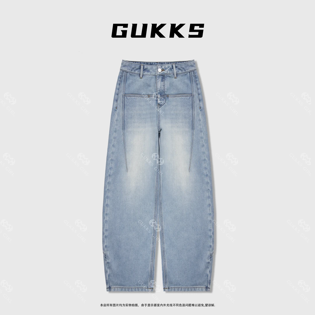娜娜GUKKS『海港晴空』秋冬设计师高腰百搭显瘦弯刀牛仔裤(加绒)