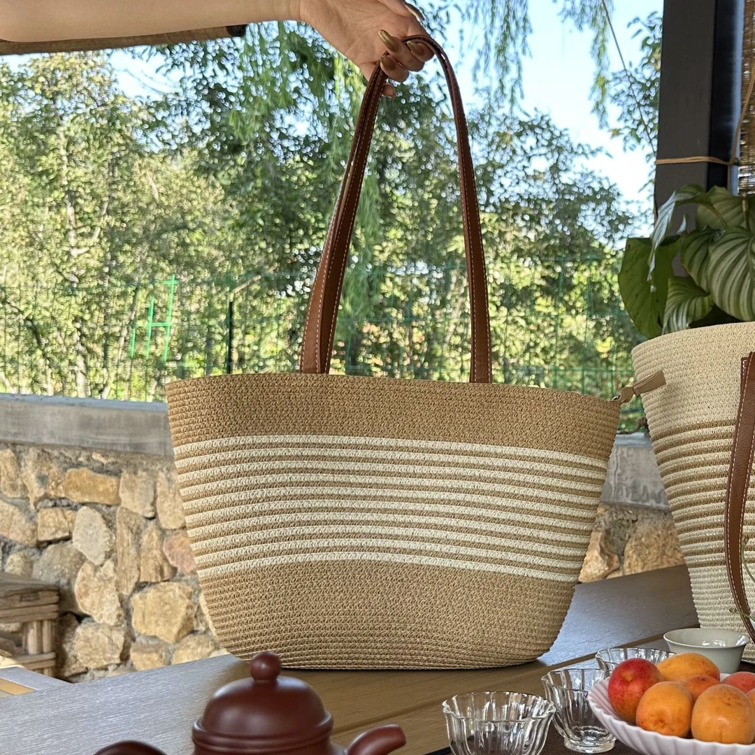 海盐夏日中包拉链款条纹单肩托特包大容量耐用休闲通勤春夏简约