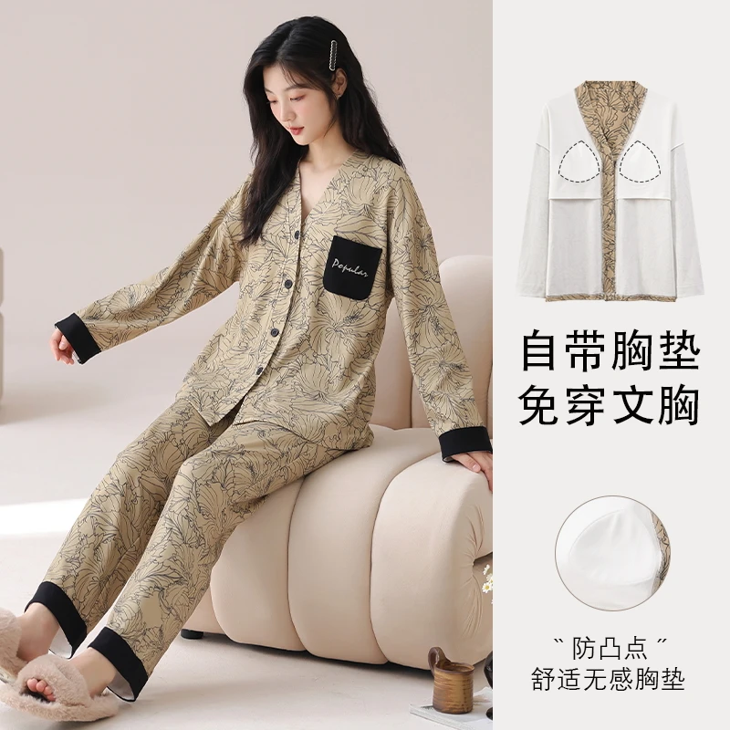 带胸垫睡衣女春秋季韩版宽松长袖和服套装可外穿秋冬款开衫家居服