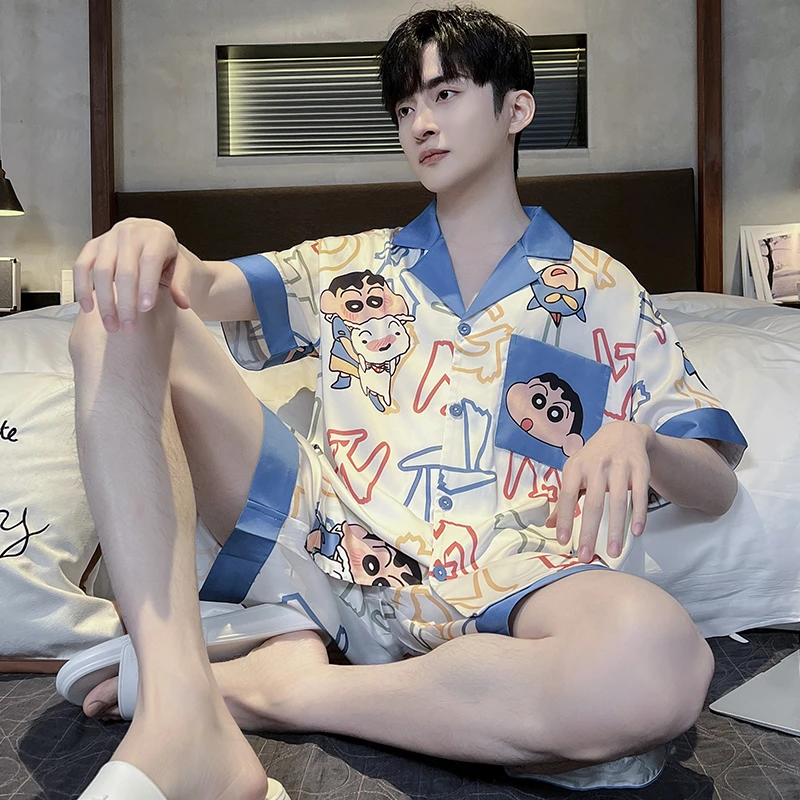 网红男士学生冰丝短袖新款青少年卡通韩版可外穿套装高级感家居服