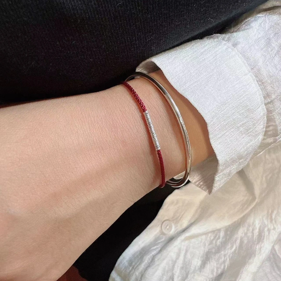 925银手镯 小众简约925银百搭设计微笑手镯素款绳编个性纯手工