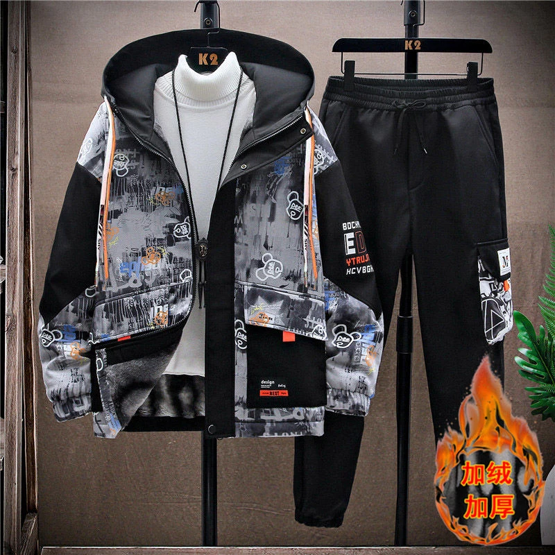 青少年秋冬男士加绒加厚外套学生潮牌大童夹克套装痞帅气男装上衣