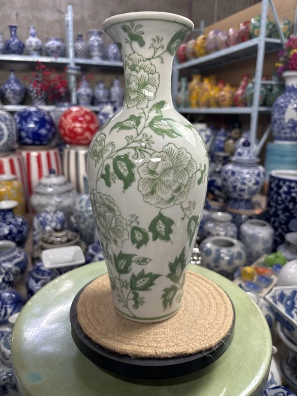 陶瓷莲花坐隐新中式青花瓷绿色花瓶陶瓷摆件高颜值