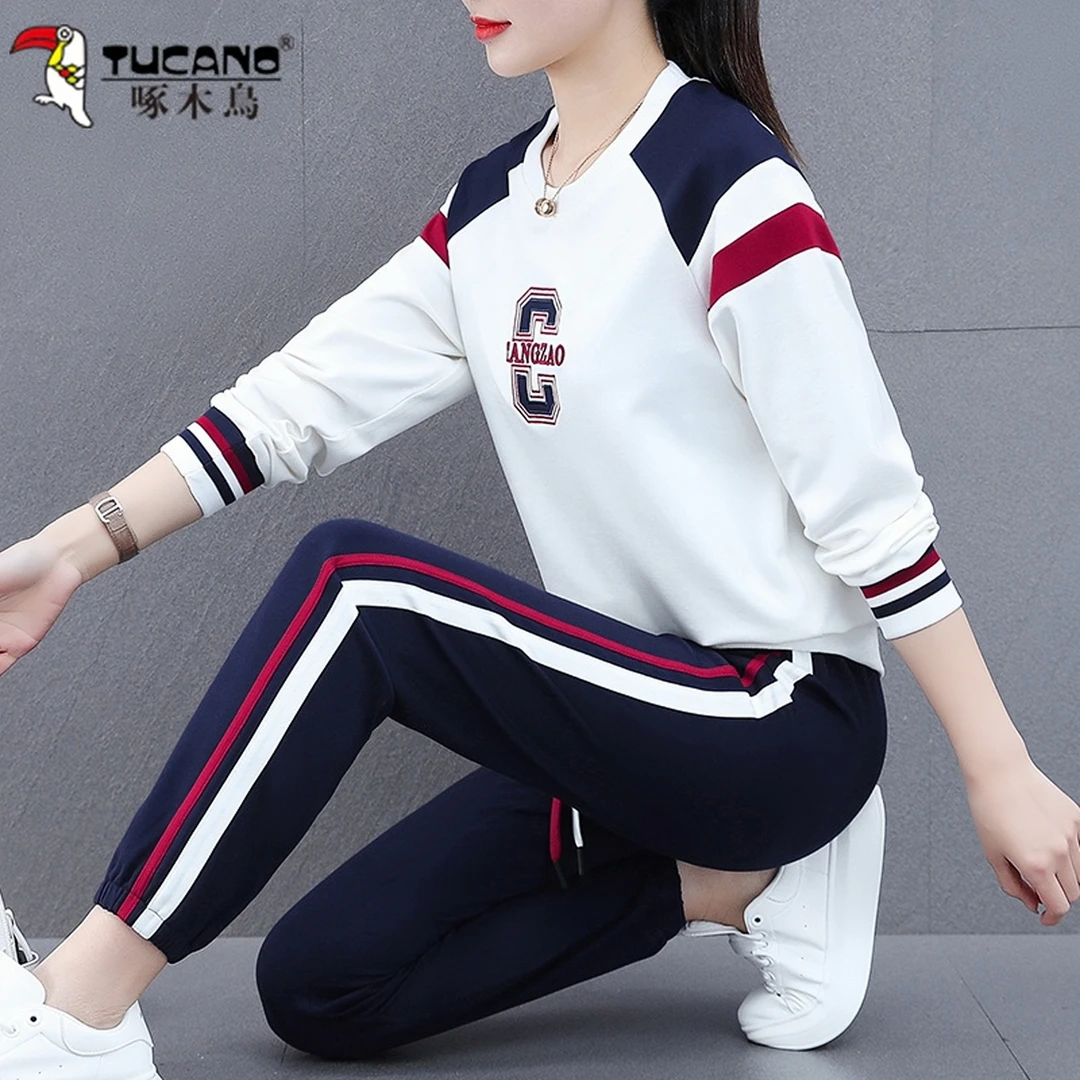 啄木鸟运动套装女春秋款2025年新款休闲服宽松女士跑步时尚两件套