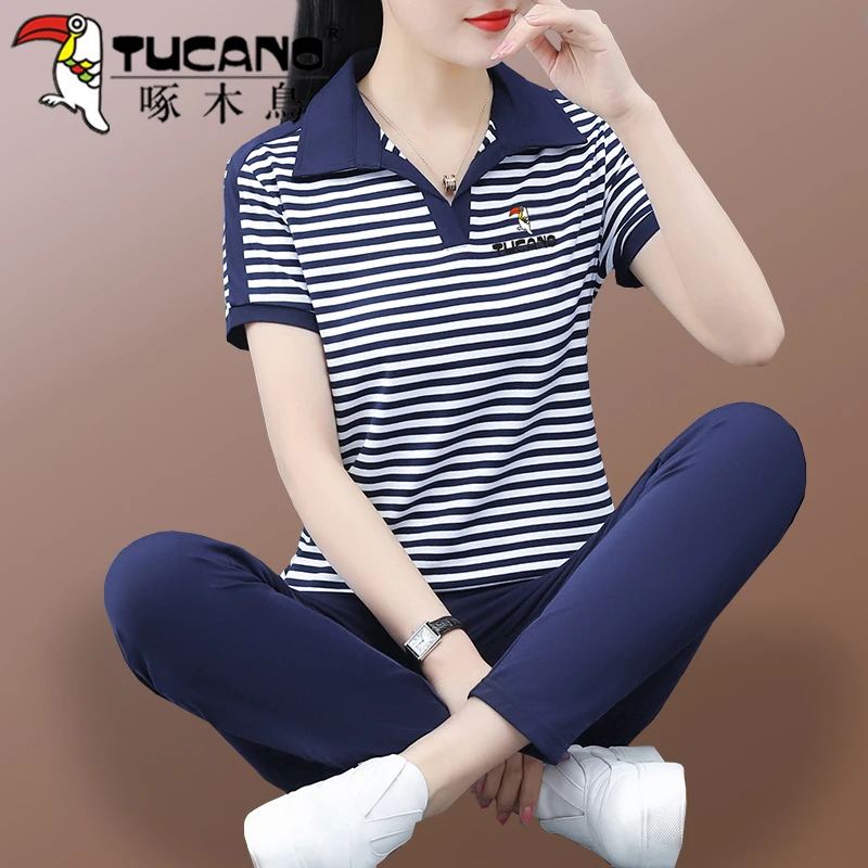 【官方】啄木鸟夏季运动套装薄款女2025年新款宽松短袖长裤两件套潮