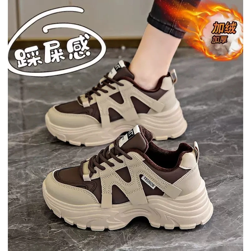 女鞋款2023新款加绒保暖棉鞋皮面显脚小休闲厚底女潮牌运动鞋