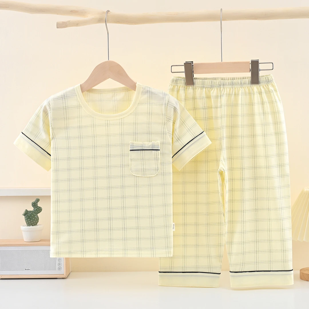 100%棉儿童短袖睡衣宝宝套头空调服夏季纯棉中大童男童薄款家居服