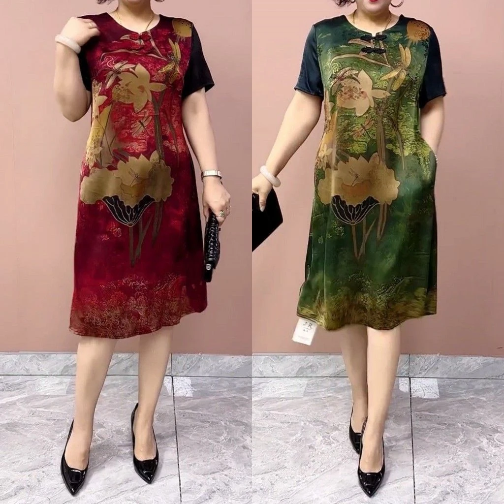 夏季新款显瘦遮肚子胖妈妈连衣裙冰凉透气中老年减龄柔软长裙00#