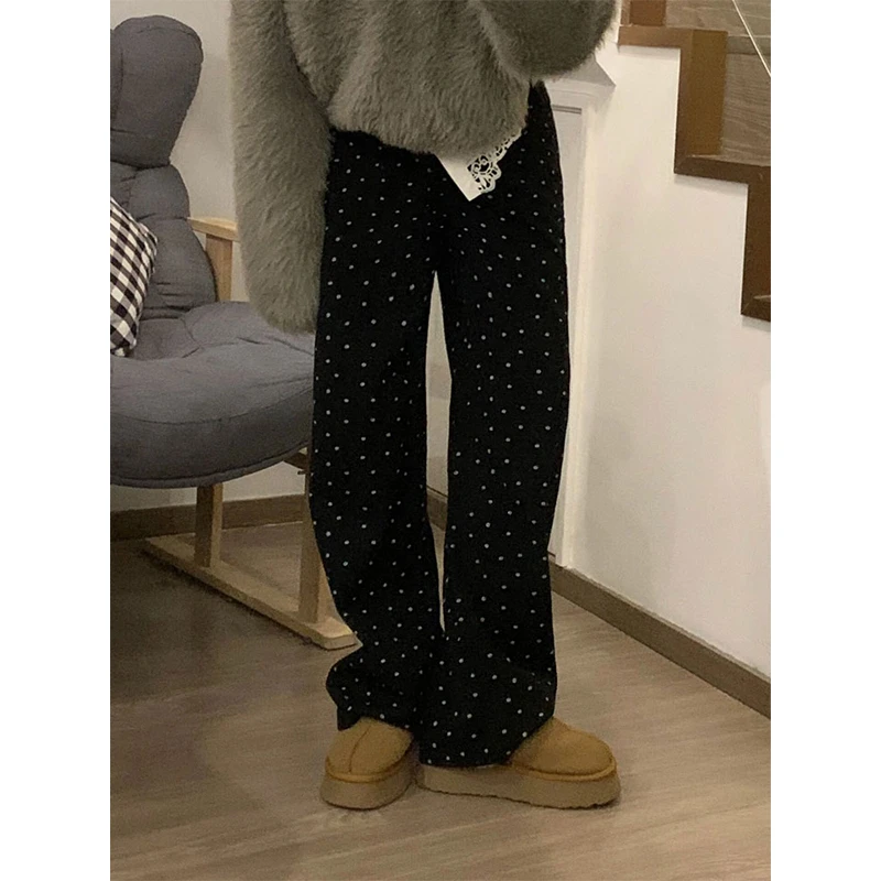 复古百搭休闲碎花波点黑色裤女秋冬加绒高腰直筒宽松阔腿裤长裤子