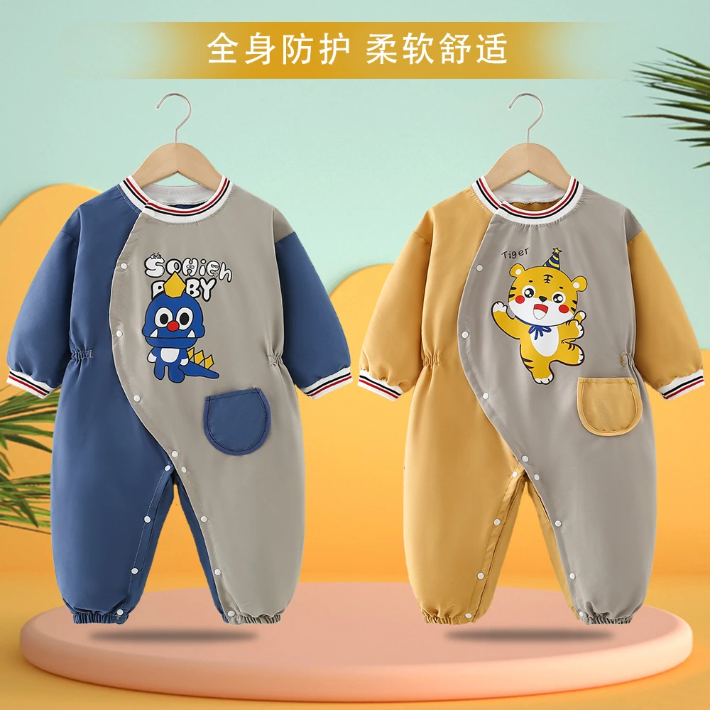 新款儿童连体衣哈衣一体式宝宝罩衣男女全身防护防脏秋冬婴儿爬服