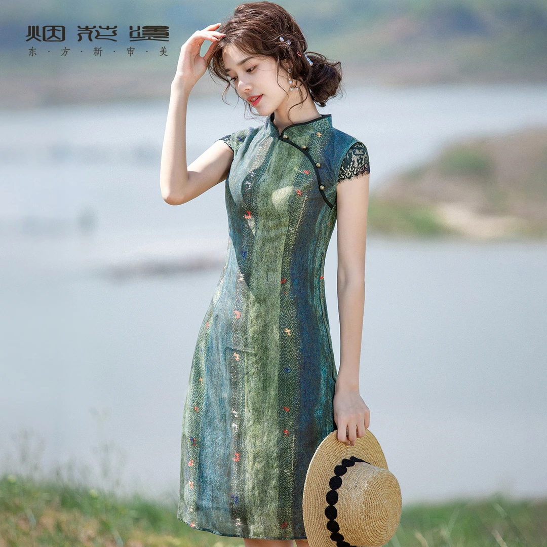 苎麻改良连衣裙女 2025新款夏季日常优雅时尚复古气质旗袍裙 翠丸