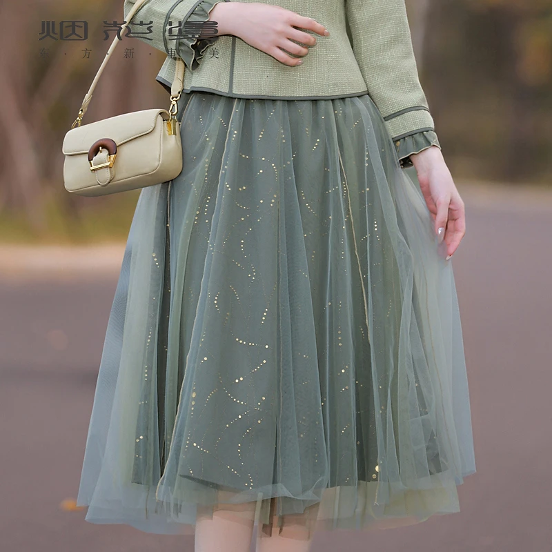 烟花烫新中式半身裙女 2025秋冬新款复古百搭A摆网纱裙子 禾冰