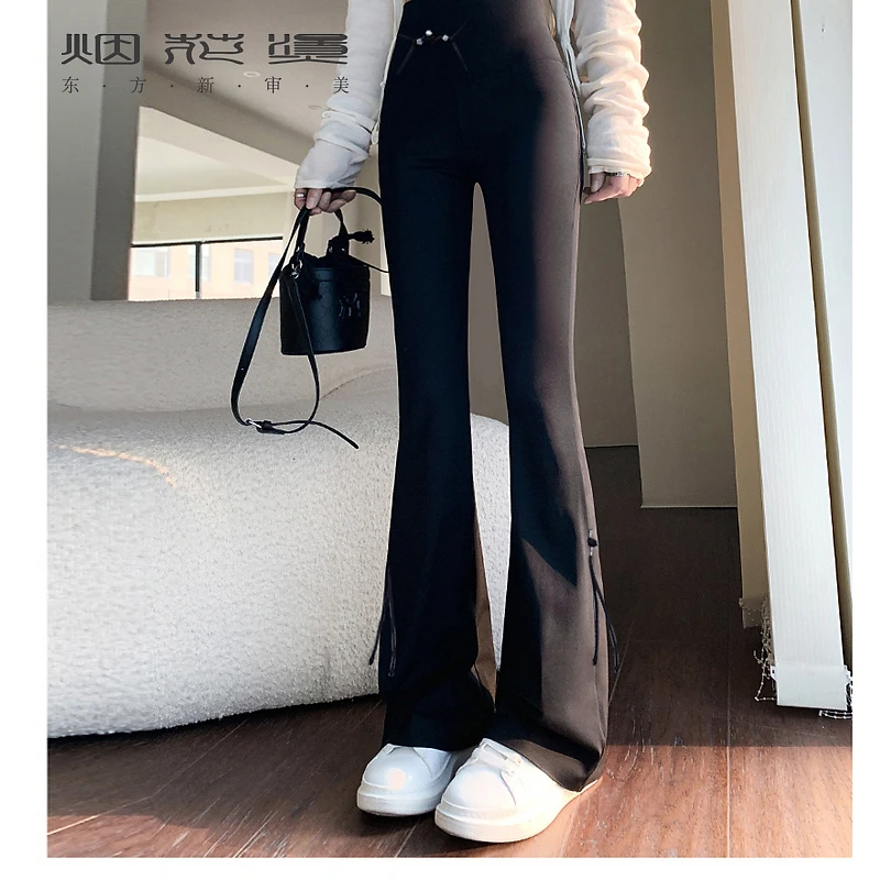 烟花烫新中式喇叭裤女 2025年秋季新款加绒高腰显瘦休闲裤 翠笙