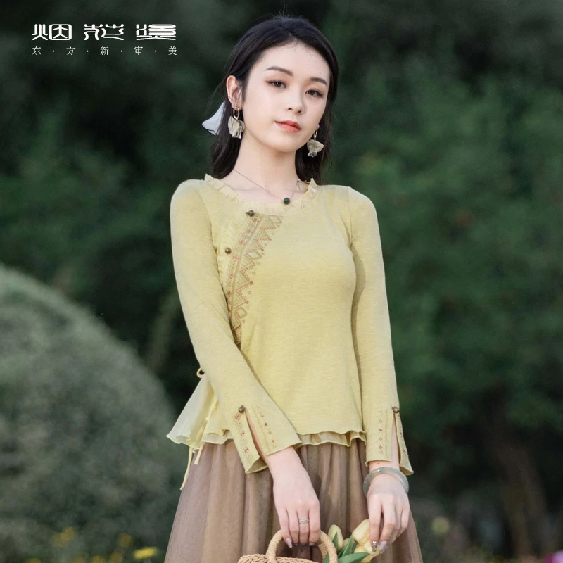 烟花烫显瘦上衣 2025秋季文艺复古气质新中式百搭长袖针织衫 野稚