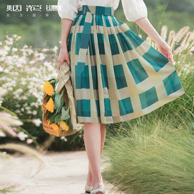 烟花烫格子半身裙 2025春夏新品法式赫本风气质高腰A字裙  艺瑛