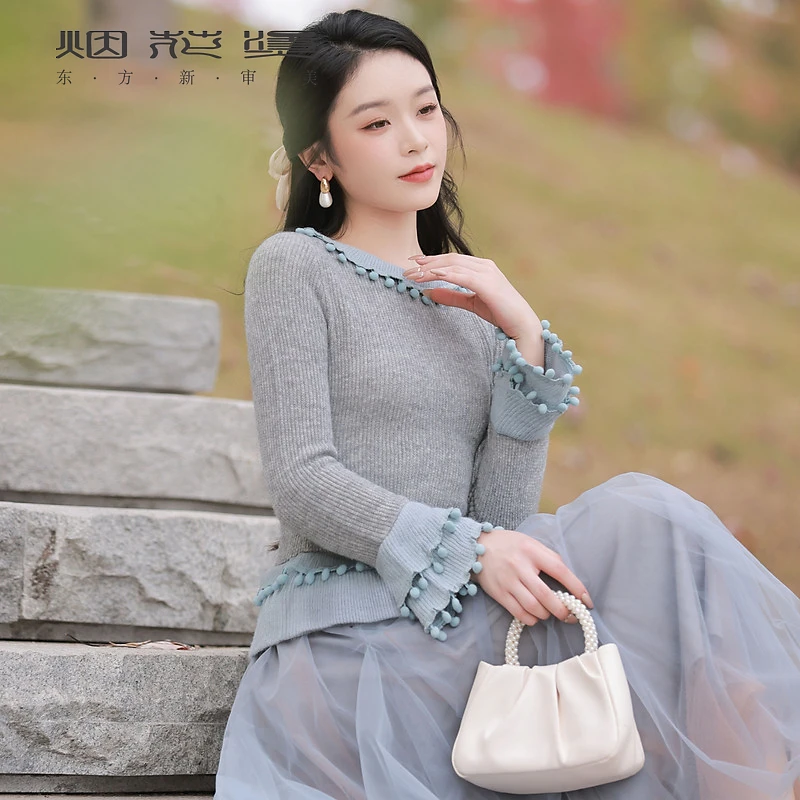 烟花烫新中式复古针织上衣女 2025秋季新款修身显瘦气质毛衣 晨妆