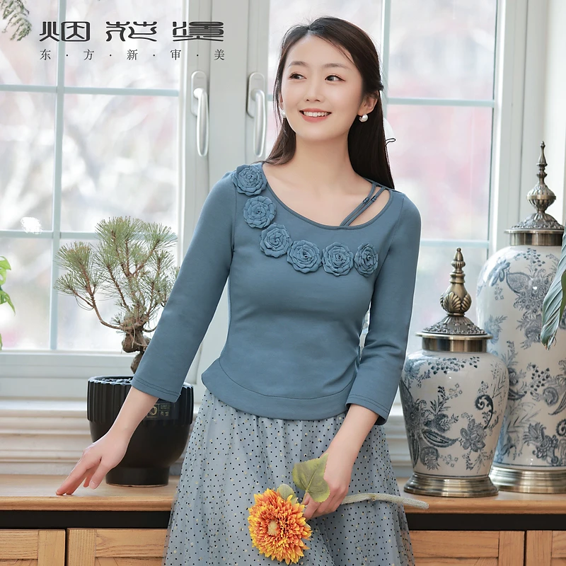 烟花烫文艺复古t恤女 2025秋季新款小众纯色修身显瘦上衣 紫灵