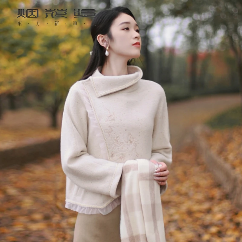 烟花烫新中式外套女 2025秋季新款复古气质百搭短款刺绣上衣 白洲