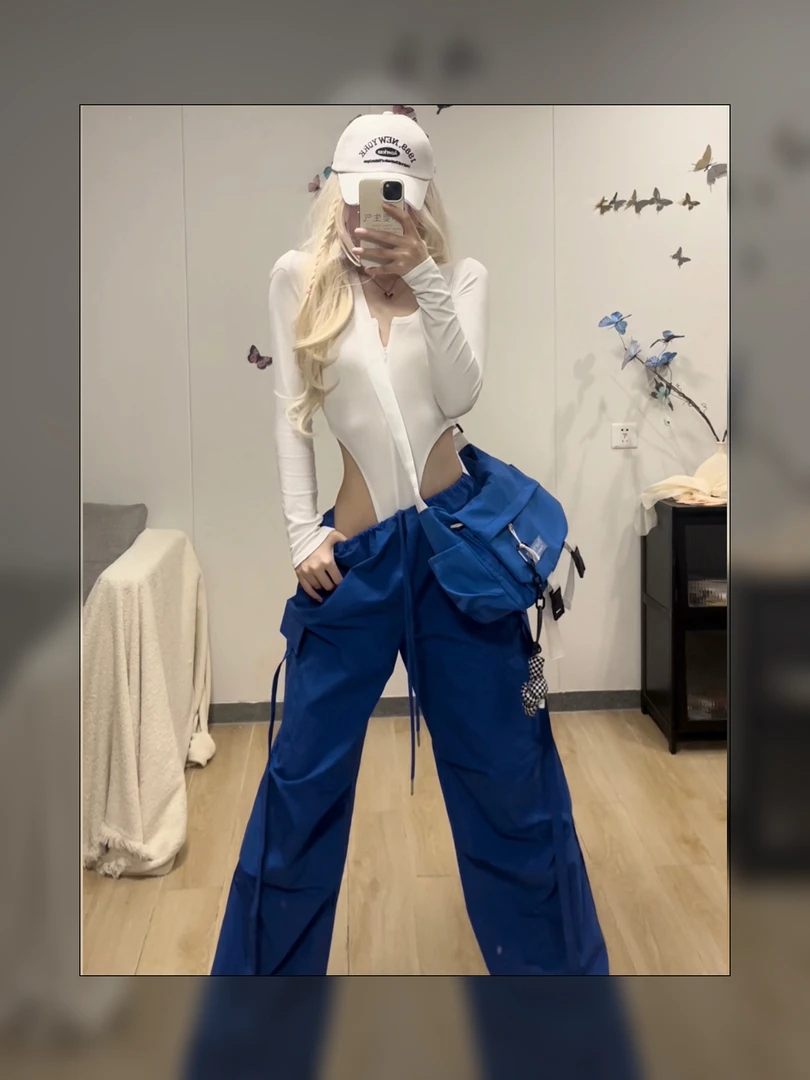 新款气质辣妹克莱因蓝工装裤+连裆白色上衣套装