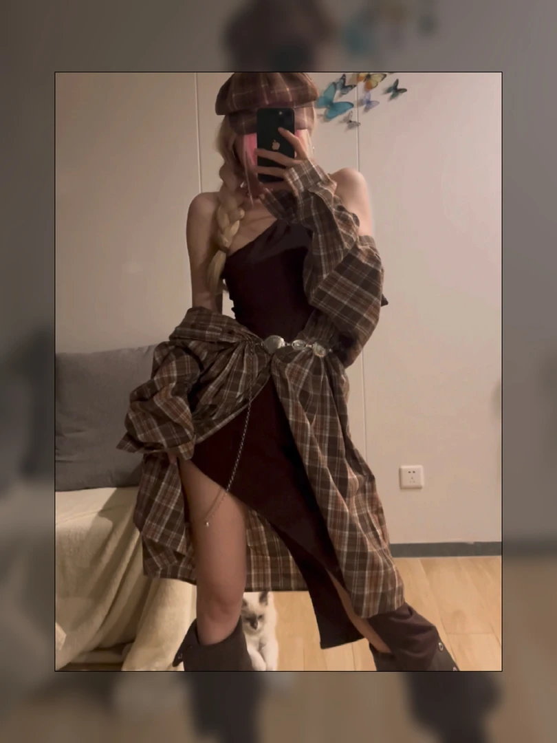 新款气质美拉德多穿法棕色格纹开衩裙套装