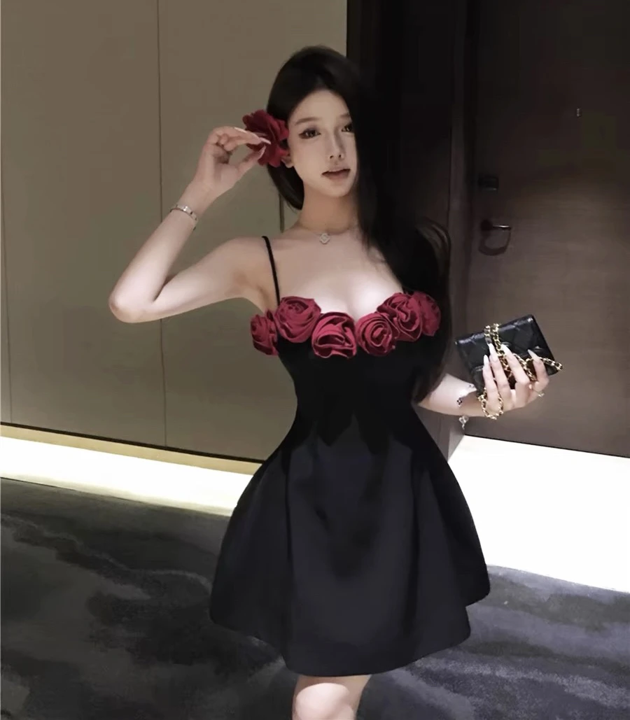 玫瑰公主新款立体花朵收腰吊带蓬蓬玫瑰裙