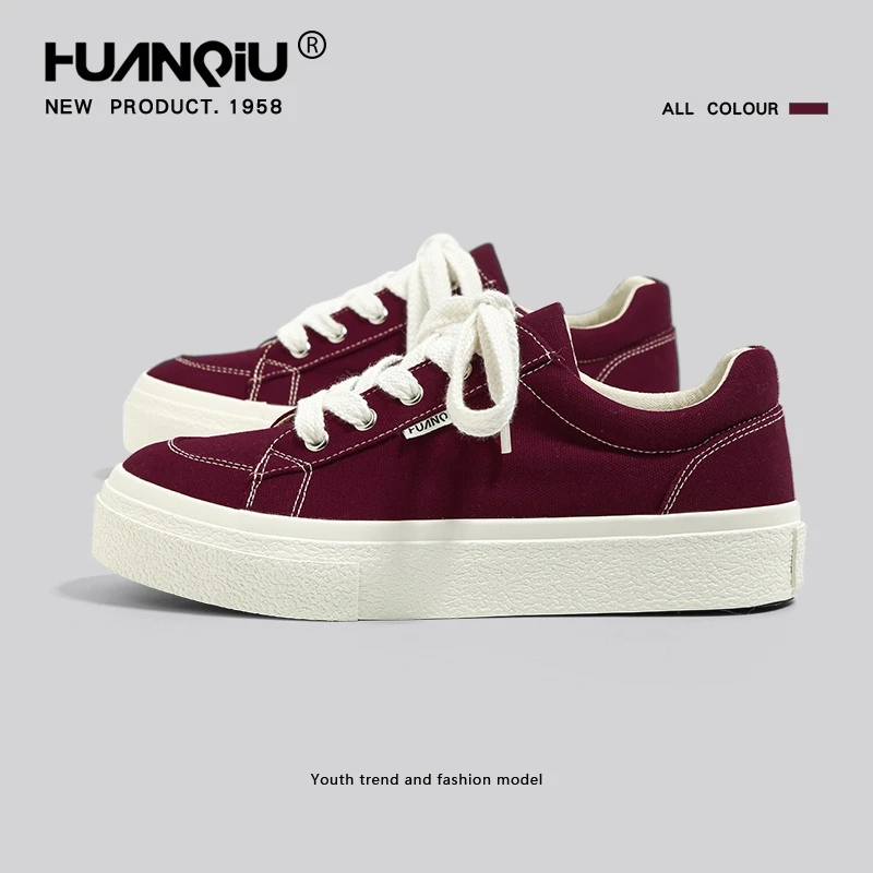 环球酒红色帆布鞋男款2025秋季新款厚底低帮休闲运动学生男板鞋子
