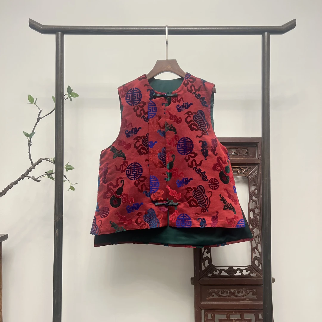 【八宝】非遗全手工熟丝漳绒缎马夹M40142