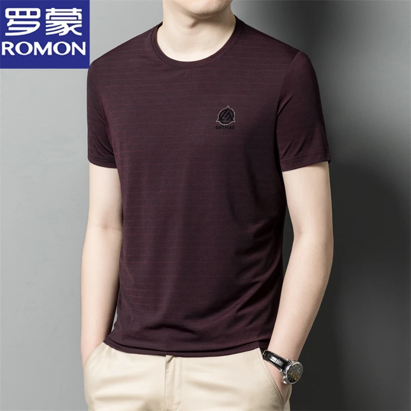 罗蒙冰丝条纹T恤男短袖圆领宽松凉感滑料体桖中年爸爸夏装上衣服