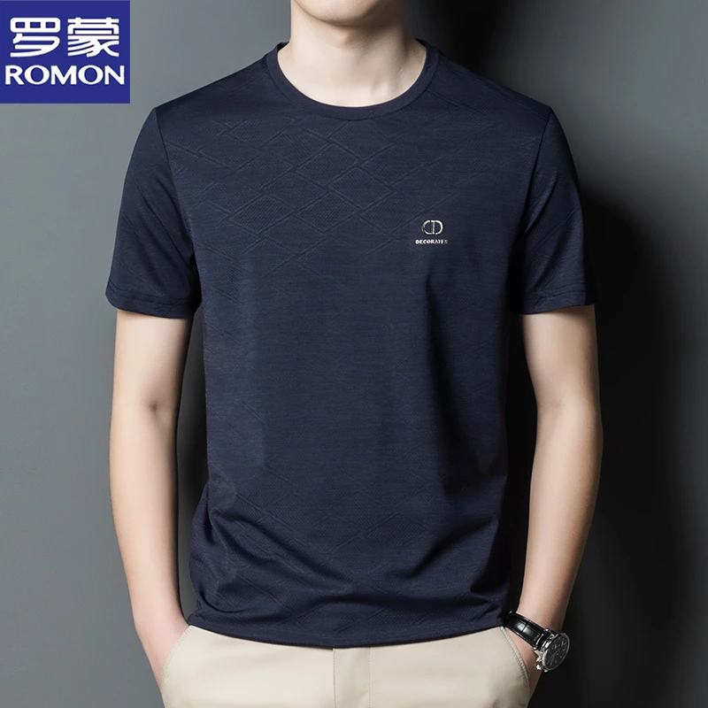 罗蒙夏季冰丝短袖t恤男士宽松圆领半袖体恤中年爸爸装汗衫上衣潮