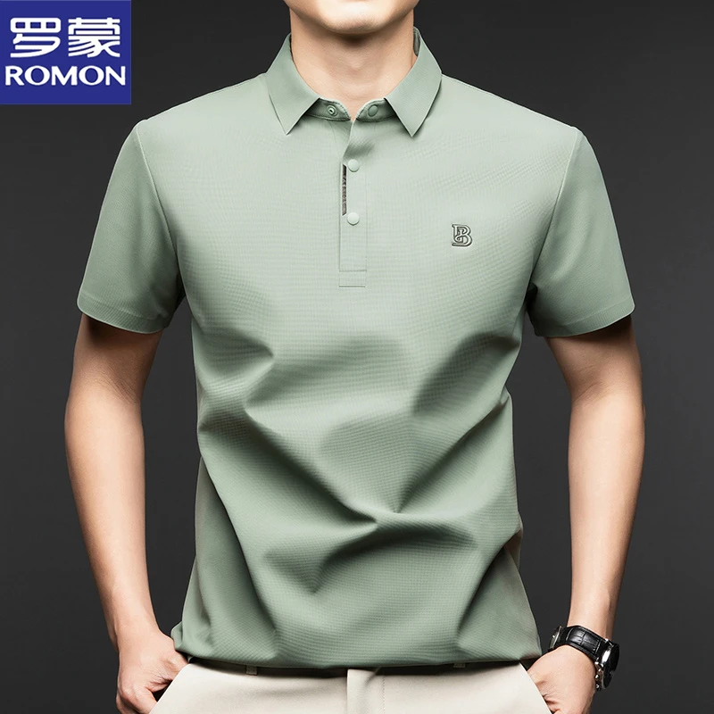 罗蒙2024夏季冰丝短袖t恤男士无痕免烫凉感翻领纯色polo衫