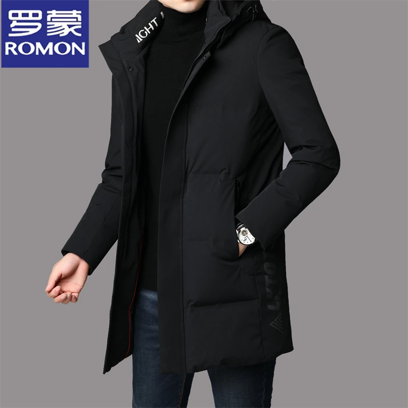 罗蒙男士中长款羽绒服冬季加厚保暖白鸭绒休闲连帽防寒外套男装潮