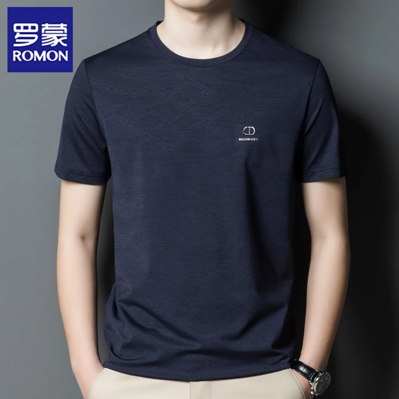 罗蒙2024夏季冰丝短袖t恤男夏季宽松圆领半袖体恤衫中年汗衫上衣