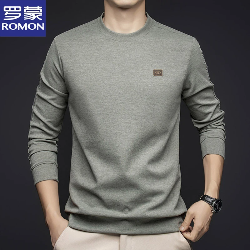 罗蒙2024春秋商务圆领T恤男士时尚休闲中年长袖纯色打底宽松卫衣