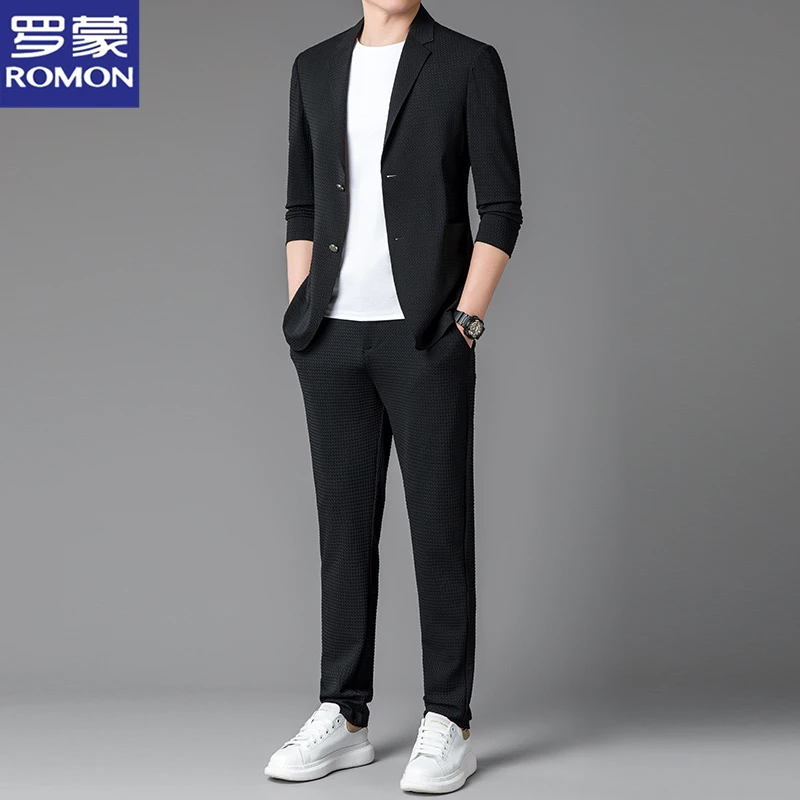 罗蒙春夏冰丝休闲西服套装男士无痕弹力小西装潮流时尚防晒两件套