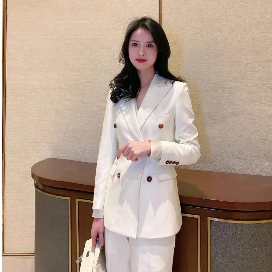 白色提花秋冬款西装套装直筒裤时尚双排扣修身西服气质女士职业