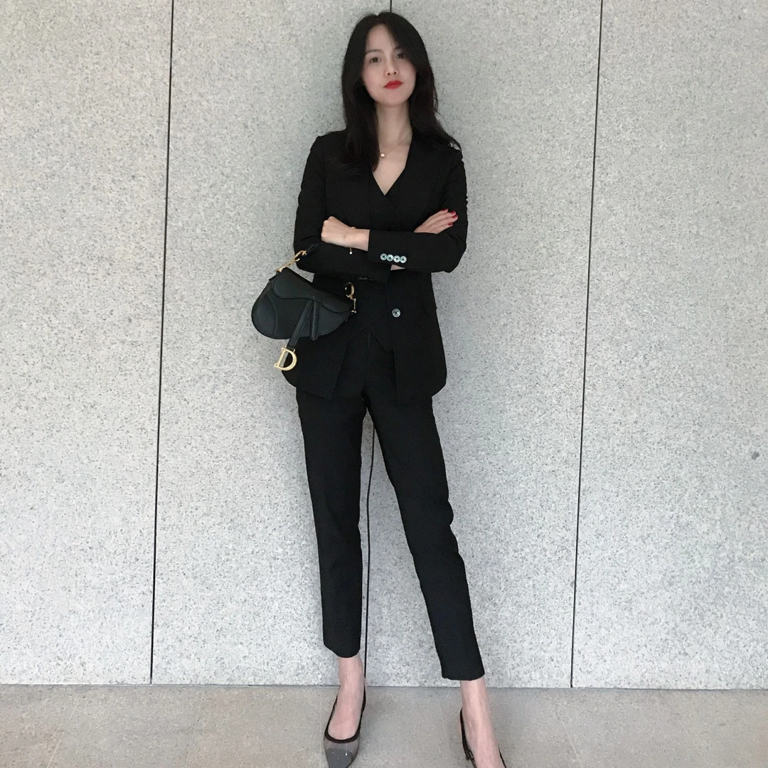 新款黑色单排扣三件套西装套装女职场活动主持修身显瘦西服外套
