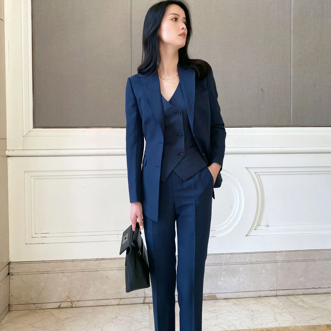 新款青灰色三件套修身显瘦西装套装西服外套职业时尚正装装女士1