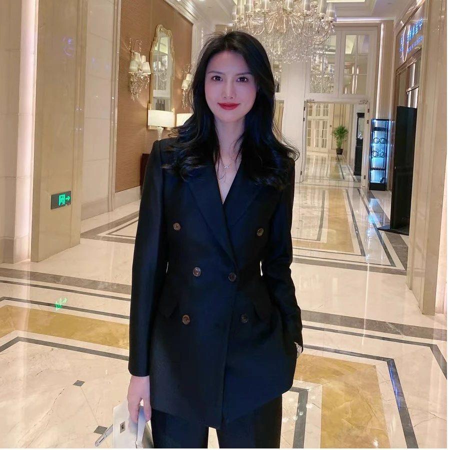 黑色提花秋冬款西装套装九分裤职业女士时尚双排扣修身西服气质