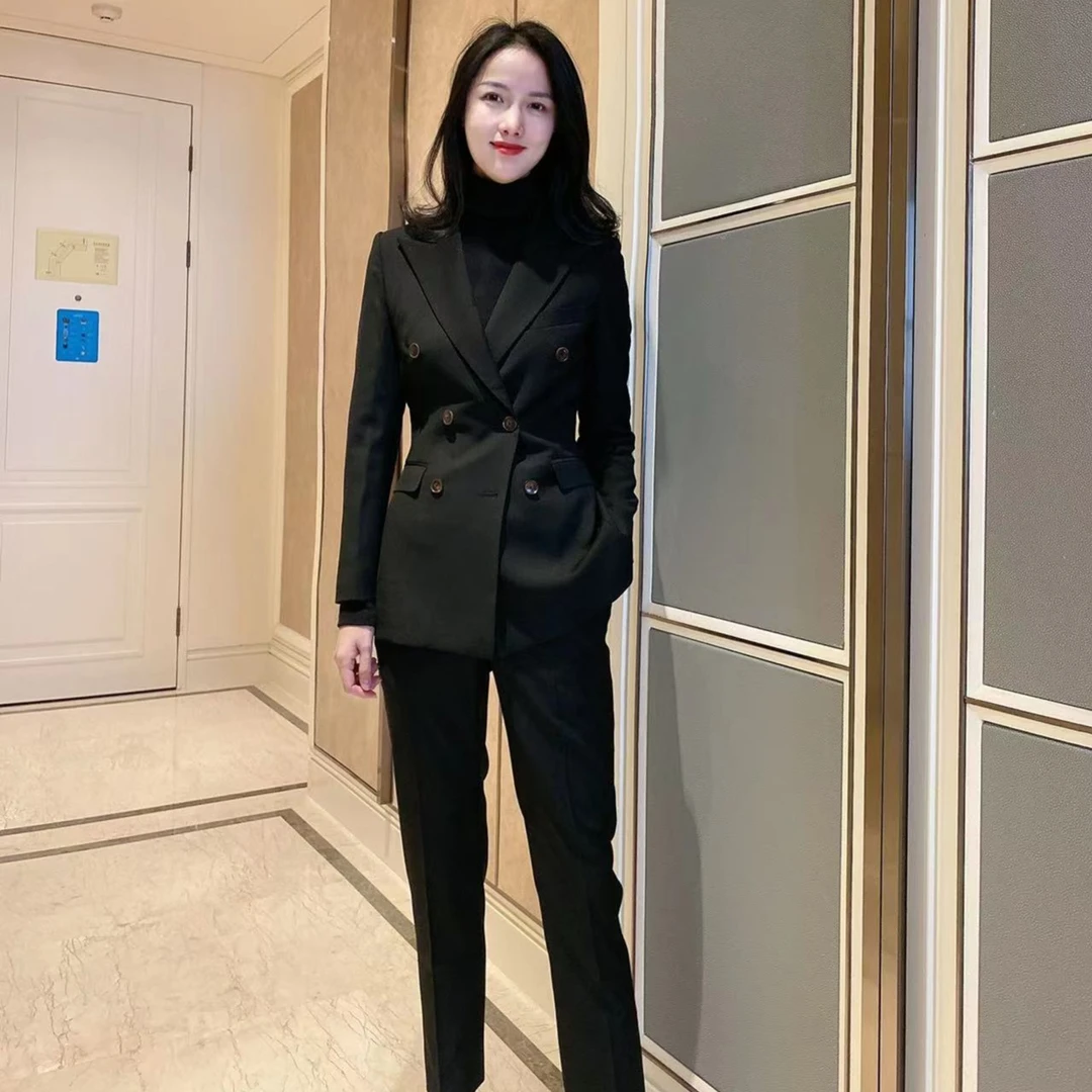 春款黑色修身双排扣西装套装女西服气质时尚职业休闲韩版秋冬设计