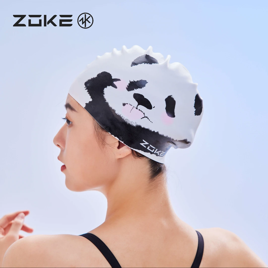 Zoke/洲克小熊猫硅胶泳帽大码专业运动户外弹力长发速干卡通高弹
