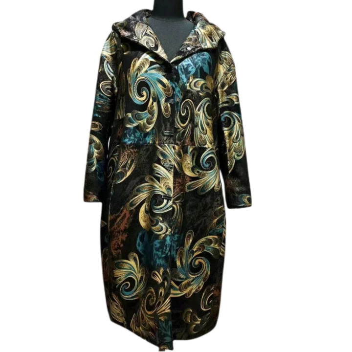 艾尼菲雨冬季新款绵羊皮印花高端时尚宽松版连帽皮衣女装22057