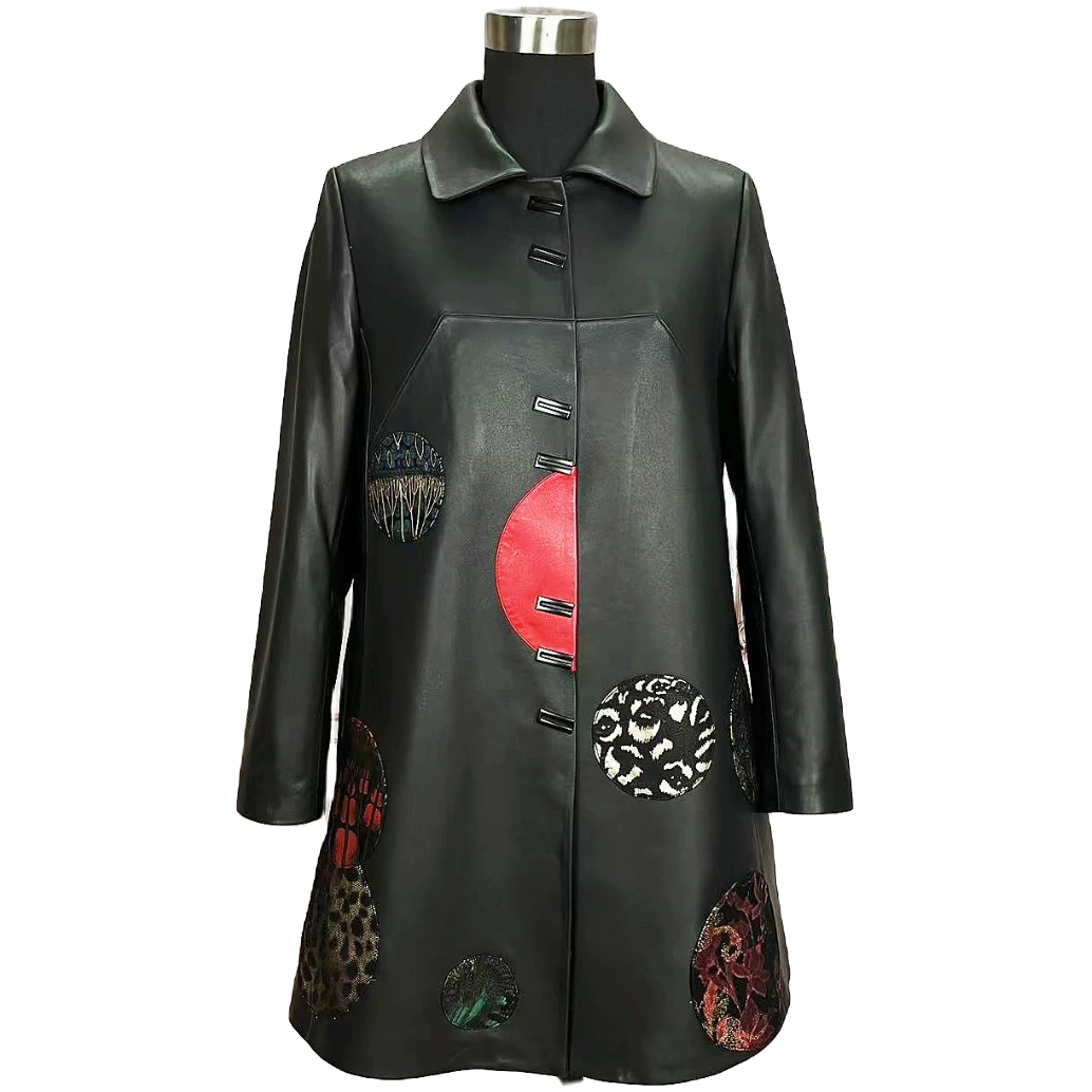 艾尼菲雨图案随机春秋新款绵羊皮单装时尚气质中长妈妈款216