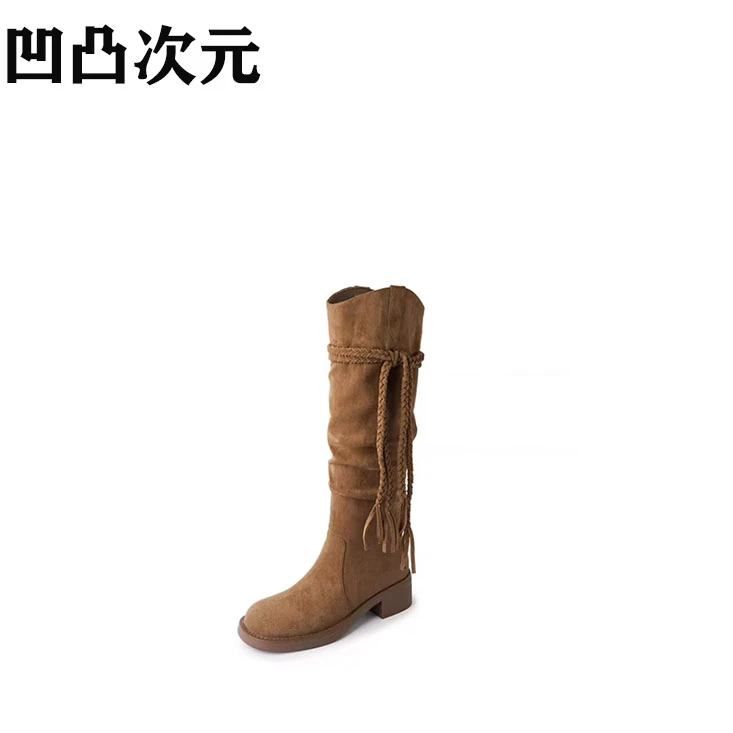 2024新款麂皮流苏长靴女不过膝骑士靴显瘦堆堆靴西部牛仔靴