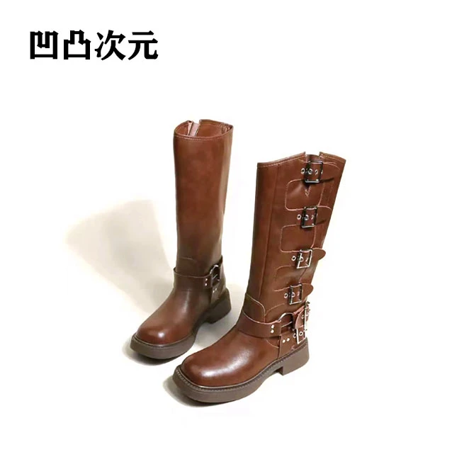 【易梦玲同款】骑士长靴时尚不过膝西部牛仔靴复古擦色朋克风机车靴