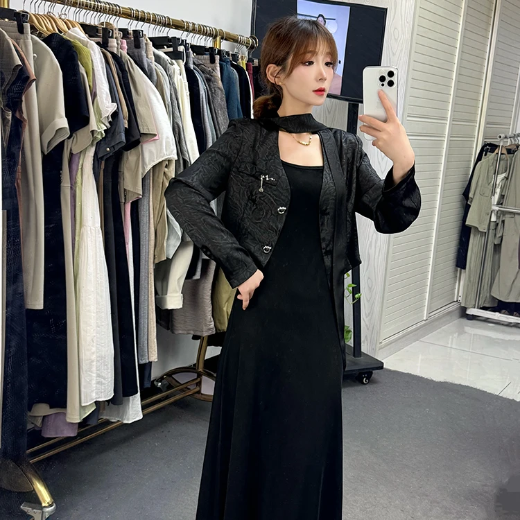 缎面时尚外套搭配背心连衣裙套装女2024秋季新款高级感轻奢两件套