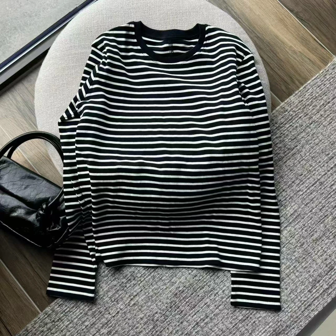 【塔鹿蕾】小众设计师早秋24新款休闲宽松黑白条纹T恤上衣2505